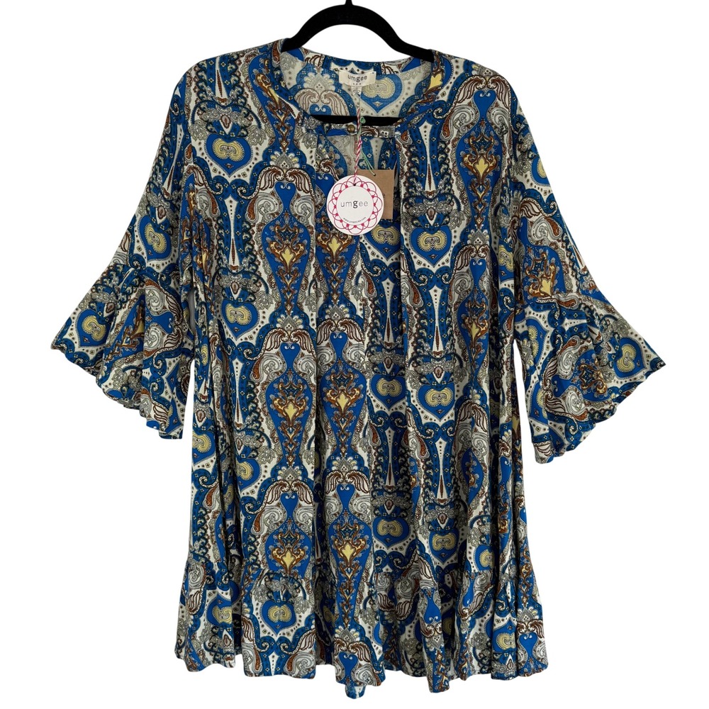 NWT Umgee Boho Paisley Tunic Top Flowy Ruffle Sleeve Size Small Indie Artsy Folk